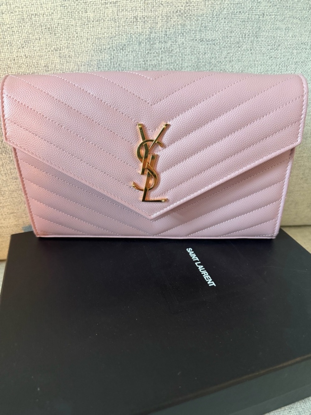 Saint Laurent Blush Quilted YSL Envelope Clutch with Gold Hardware